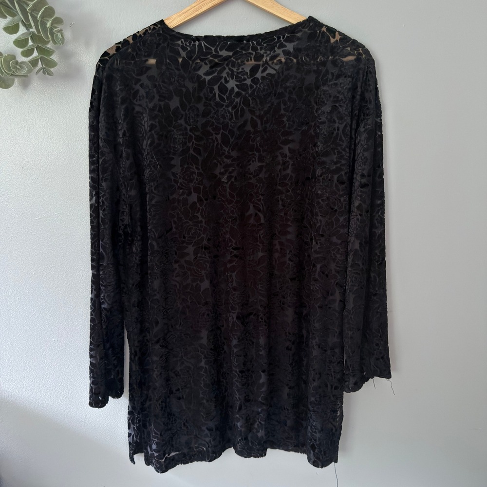 Vtg Black Blouse Burnout Velvet Whimsigoth Witchy Floral Sheer Button Tunic L - Picture 2 of 8
